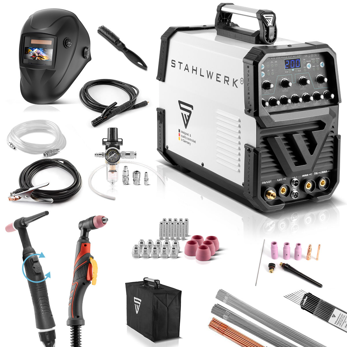 STAHLWERK Schweißgerät AC/DC WIG 200 Puls mit Plasma ST - Vollausstattung / Plasmaschneider / Plasmaschneidgerät / Kombischweißgerät mit IGBT Technologie