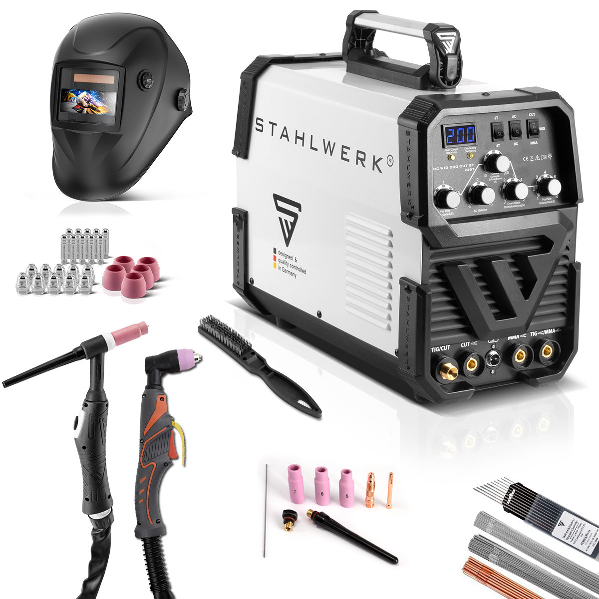 Saldatura in acciaio di saldatura AC / DC WIG 200 Plasma ST IGBT Attrezzatura completa / Combinazione Dispositivo bianco / Wig Wigding MMA da 200 Amp + MMA Welding Machine