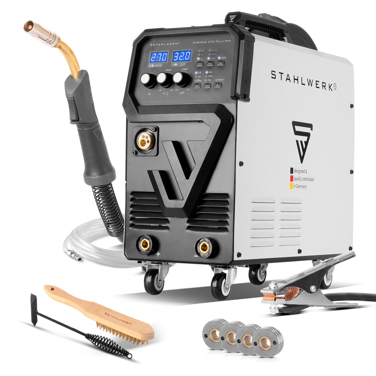 STAHLWERK Schweißgerät MIG 270 Puls Pro | 4-in-1 Schutzgas-Schweißgerät mit Pulsfunktion | Inverter mit 270 A, Spot-Funktion, synergischem Drahtvorschub, 4-Rollen-Antrieb, FLUX, Lift TIG und MMA | ARC Funktion | Puls-Alu-Schweißfunktion