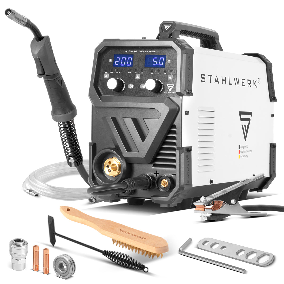 Machine de soudage Stahlwerk MIG MAG 200 ST plus équipement de soudage de gaz protecteur | Onduleur IGBT avec 200 A, alimentation en fil synergique, flux, lift-tig et MMA | Fonction arc