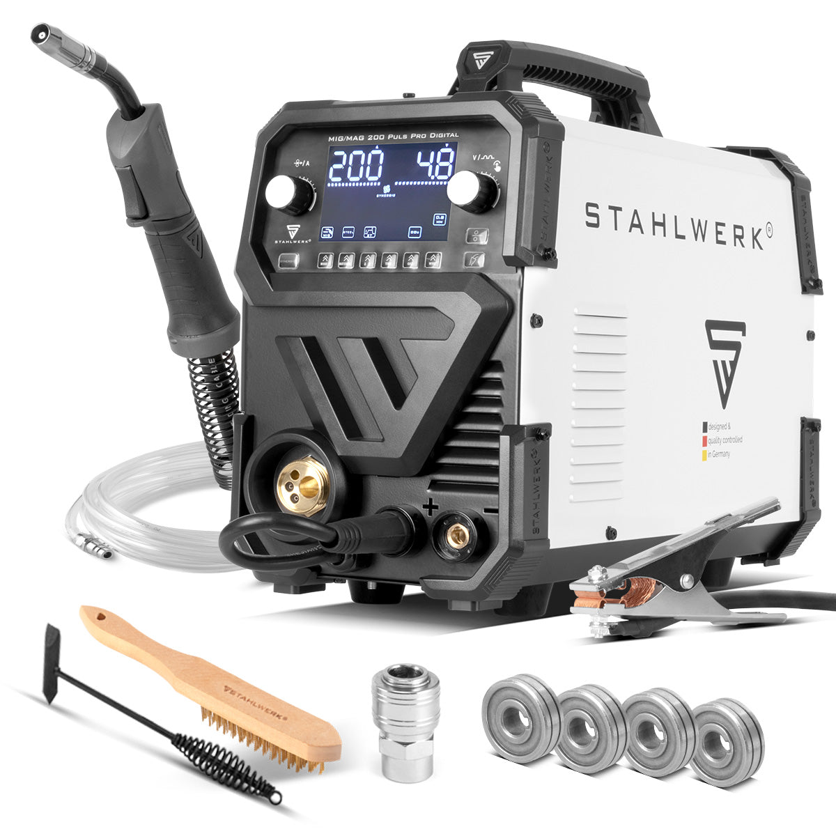 Stahlwerk MIG MAG 200 Spot Puls Pro Digital Protection gas welding device | IGBT Inverter with 200 A, synergic wire feed, 4-roll drive, flux, lift-tig and MMA/ARC function | MIG pulse for aluminum