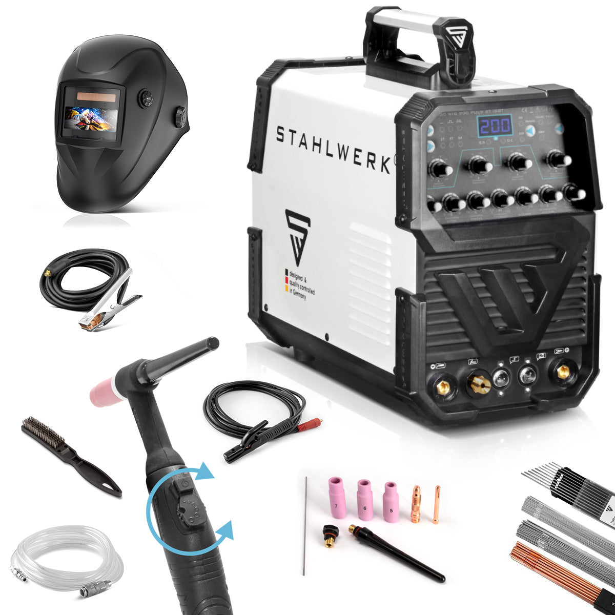 STAHLWERK Schweißgerät AC/DC WIG 200 Puls ST IGBT Vollausstattung / 200 A WIG & MMA Schweißgerät mit Pulsfunktion / Aluminium Schweißgerät