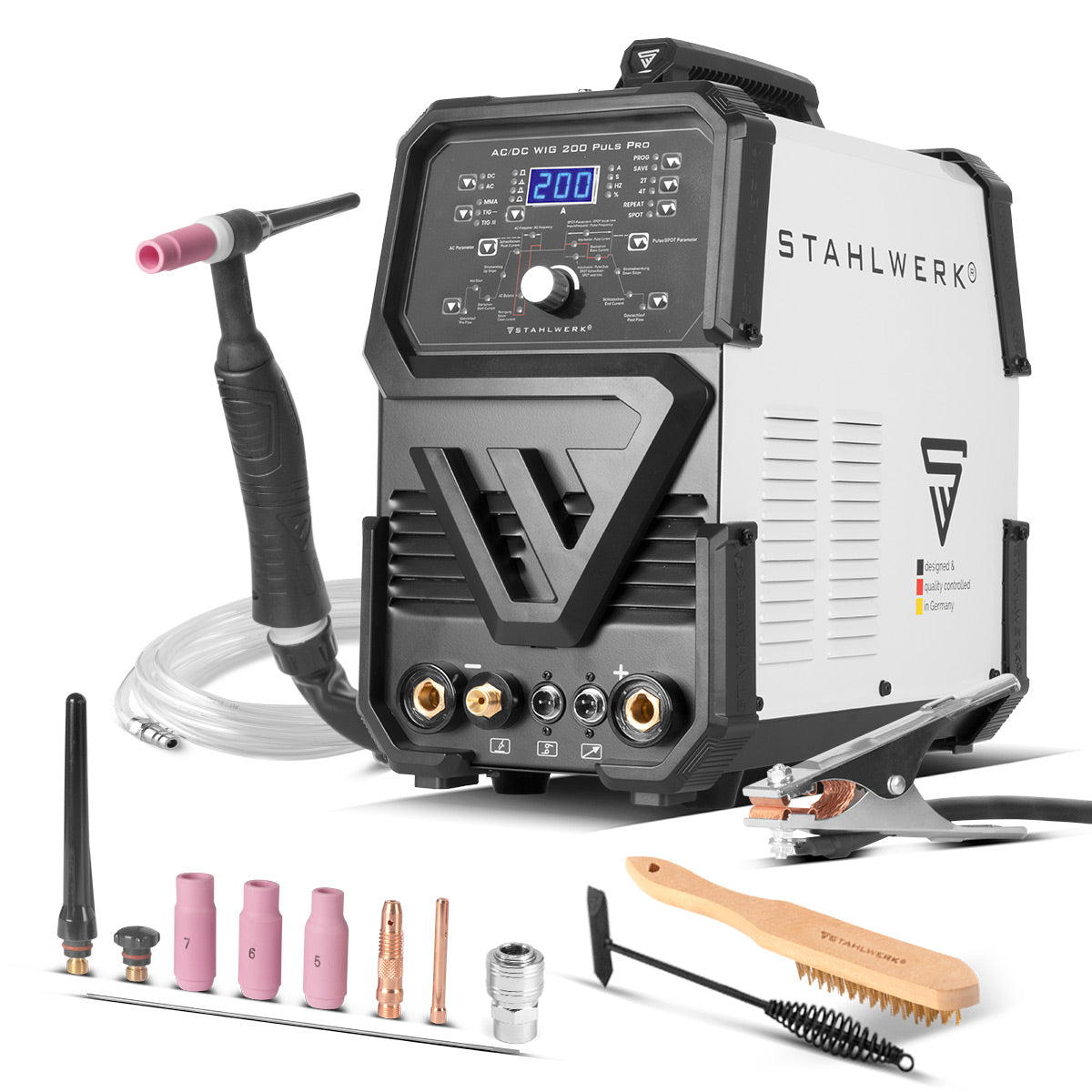 Stahlwerk AC/DC WIG 200 Puls Pro - saldatura digitale | Inverter con 200 Amp, funzione ARC/MMA, memoria di lavoro e tecnologia IGBT, adatti per alluminio e fogli sottili, 7 anni di garanzia del produttore