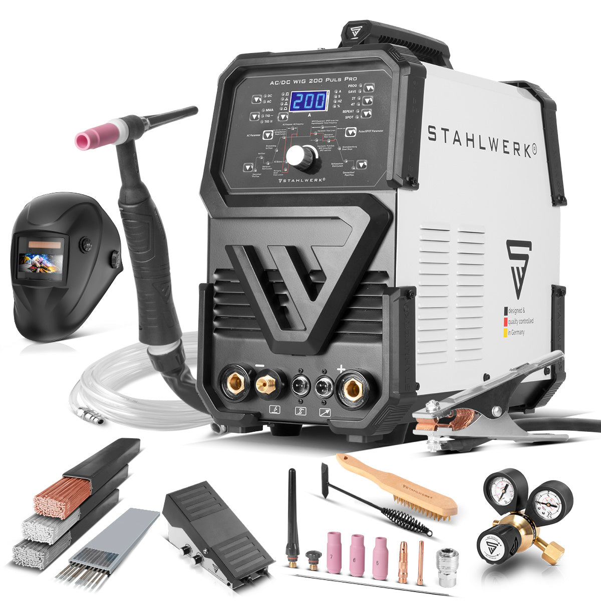 STAHLWERK AC/DC WIG 200 PULS PRO EQUIPO COMPLETO - Máquina de soldadura digital | Inversor con 200 amperios, función ARC/MMA, almacenamiento de trabajo y tecnología IGBT, adecuada para aluminio y lámina delgada