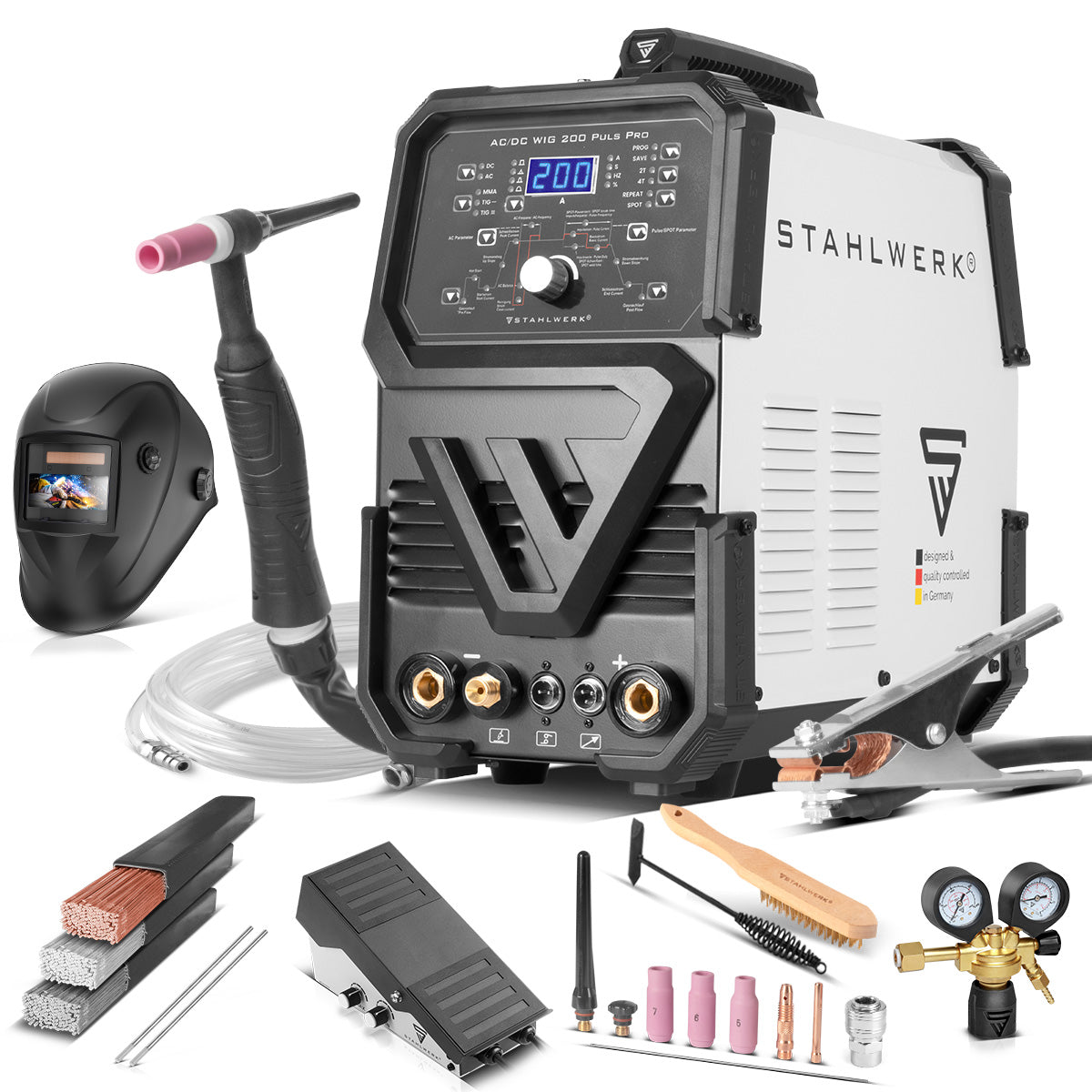 Attrezzatura completa STAHLWERK AC/DC TIG 200 Puls Pro - saldatrice digitale | 200 A, funzione ARC/MMA, memoria di lavoro e tecnologia IGBT, adatto per alluminio e lamiera sottile