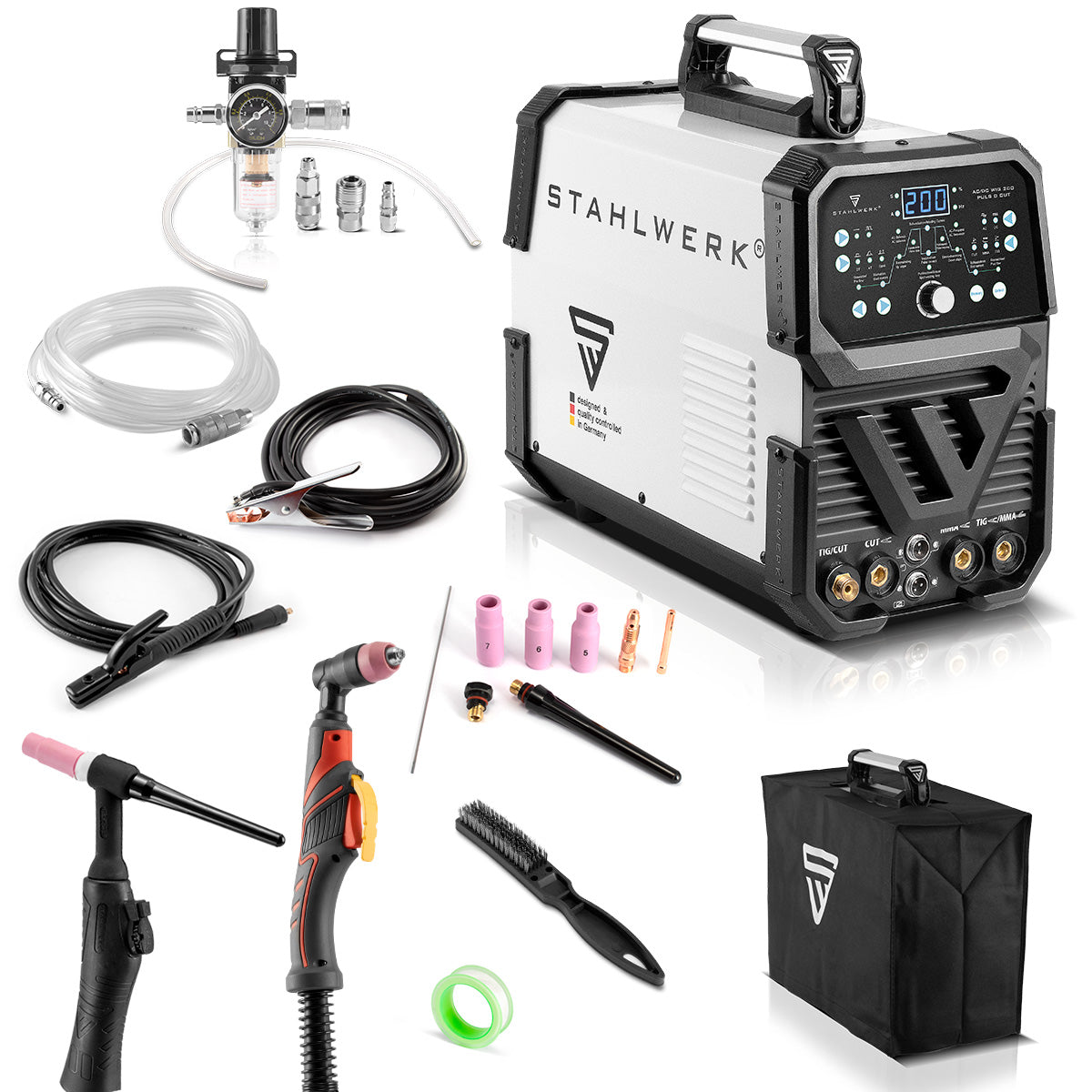 Steelworks 4 in 1 dispositivo di saldatura combibile AC/DC Wig 200 Puls D Cut, Digital 200 A IGBT Inverter con Wig AC/DC | MMA | Funzione di impulsi e integrato 50 un taglierina al plasma, adatto per alluminio e foglio sottile