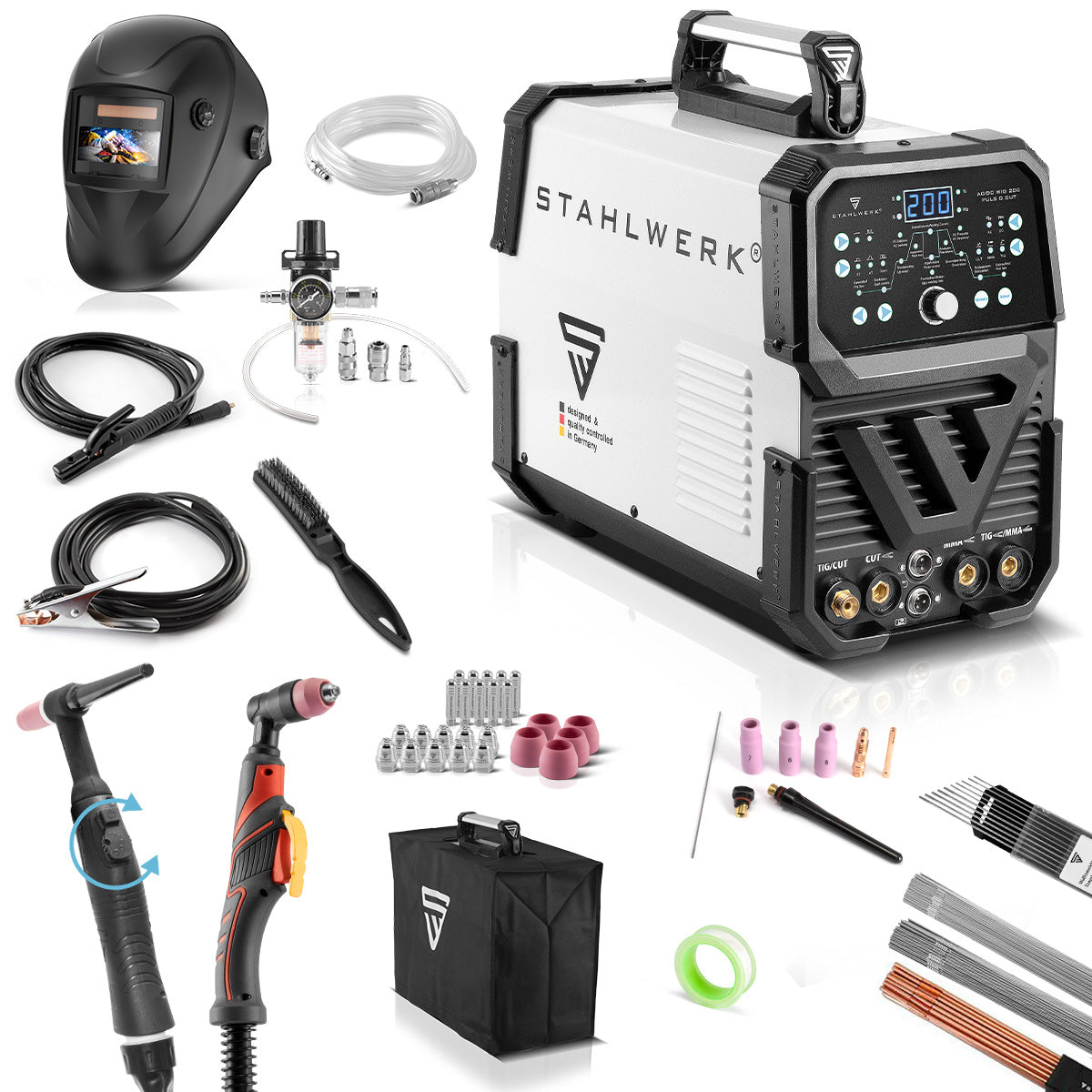 Dispositivo di saldatura combinato 4-in-1 Stahlwerk AC/DC WIG 200 Puls D Cut Attrezzatura completa, Digital 200 A Inverter IGBT con parrucca AC/DC | MMA | Funzione di impulsi e integrato 50 un taglierina al plasma, adatto per alluminio e foglio sottile