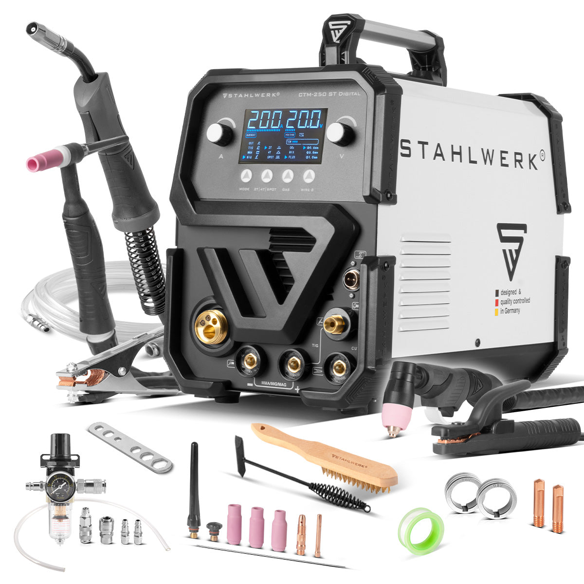 Dispositivo di saldatura combinato Stahlwerk COMBI CTM-2550 ST Digital Dispositivo di saldatura a gas protettivo 5 in 1 | Inverter con 200 A, alimentazione a filo sinergico e integrato 50 A taglio di taglio del plasma | Parrucca | Mig mag | MMA | Flusso