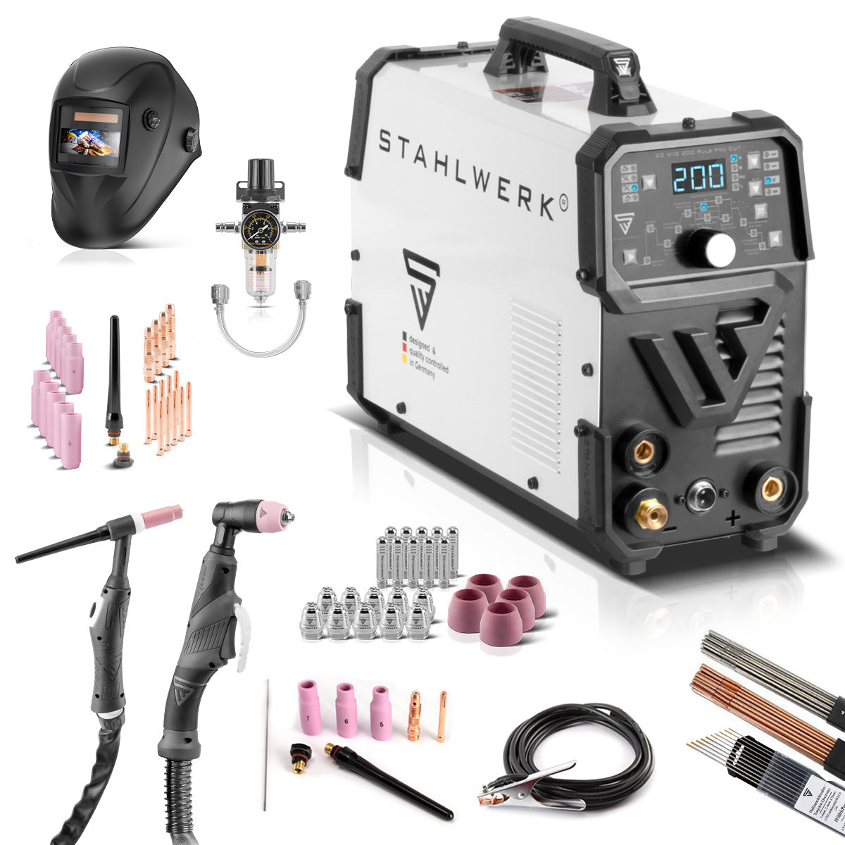 STAHLWERK 4-in-1 Kombi-Schweißgerät DC WIG 200 Puls Pro CUT Vollausstattung, digitaler 200 A IGBT Inverter mit DC WIG | MMA | Puls-Funktion und integriertem 40 A Plasmaschneider