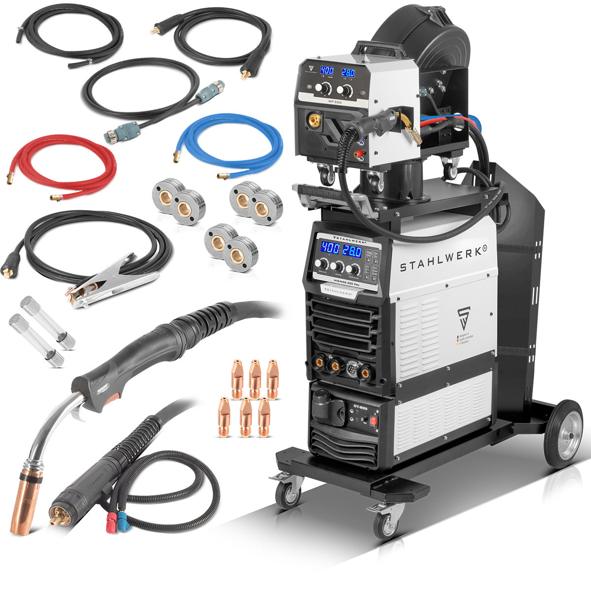 Inverter IGBT coolilizado con agua MIG 400 PRO MIG 400 PRO COMPLÓSITO con 400 A y la función de pulso 3 en 1 Sistema de soldadura combustible MIG | MMA | Ascensor