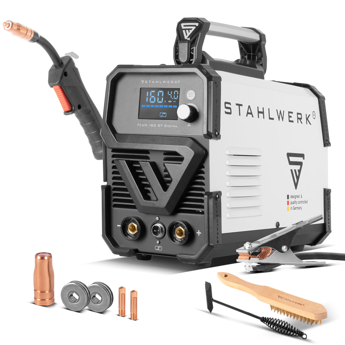 STAHLWERK Schweißgerät FLUX 160 ST Digital mit 160 A, synergischem Drahtvorschub, Lift TIG und MMA Funktion zum Schweißen ohne Schutzgas