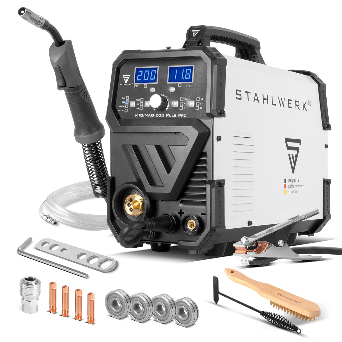 STAHLWERK MIG MAG 200 Puls Pro inert gas welding machine Fully synergic 5 in 1 combination device with real 200 A and 4 rollers drive, cored wire, MIG MAG, ARC MMA, Lift TIG, MIG Pulse for aluminum welding
