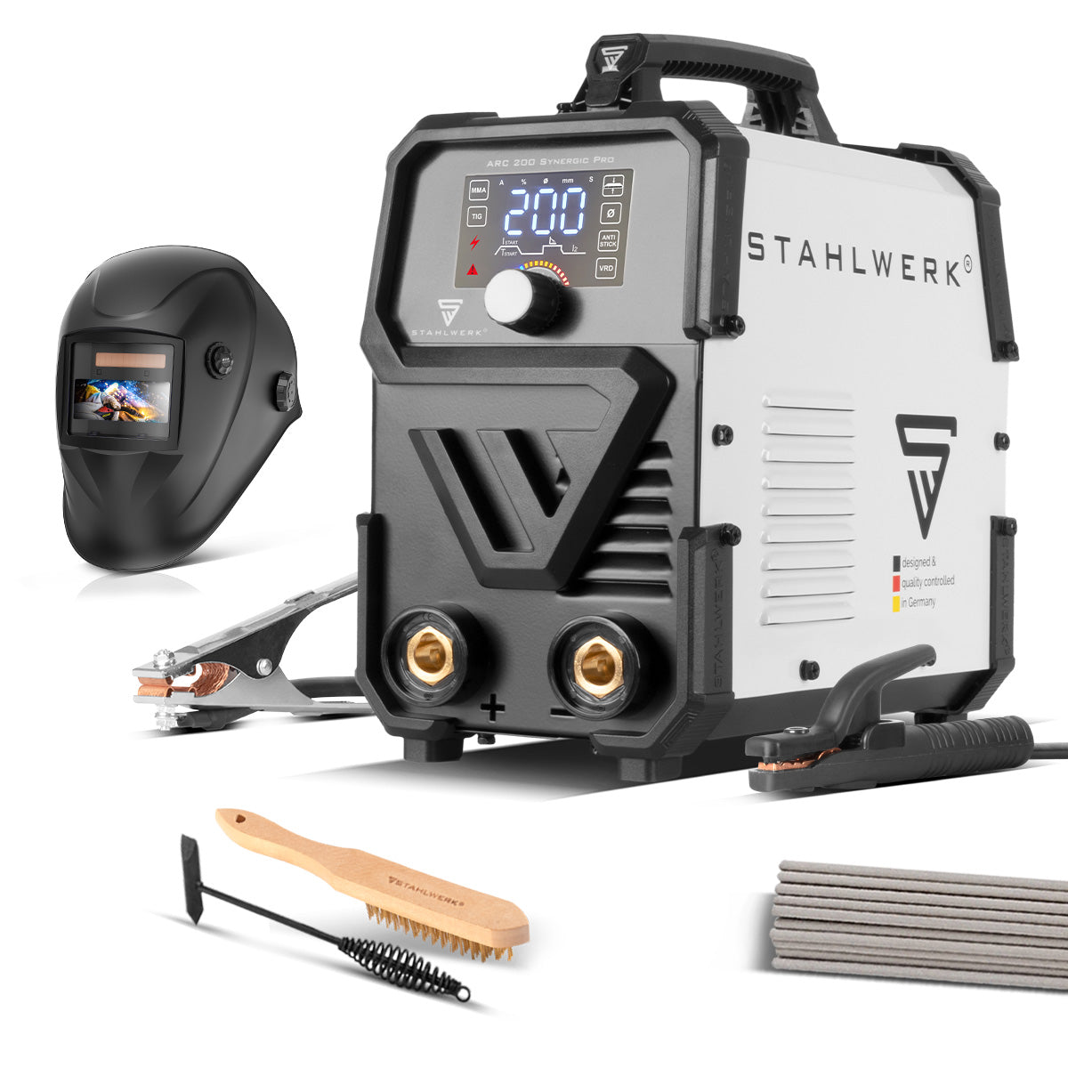 STAHLWERK ARC 200 Synergic Pro Vollausstattung Elektroden-Schweißgerät, vollsynergischer MMA | E-Hand | Lift-TIG Inverter mit 200 Ampere und IGBT Technologie