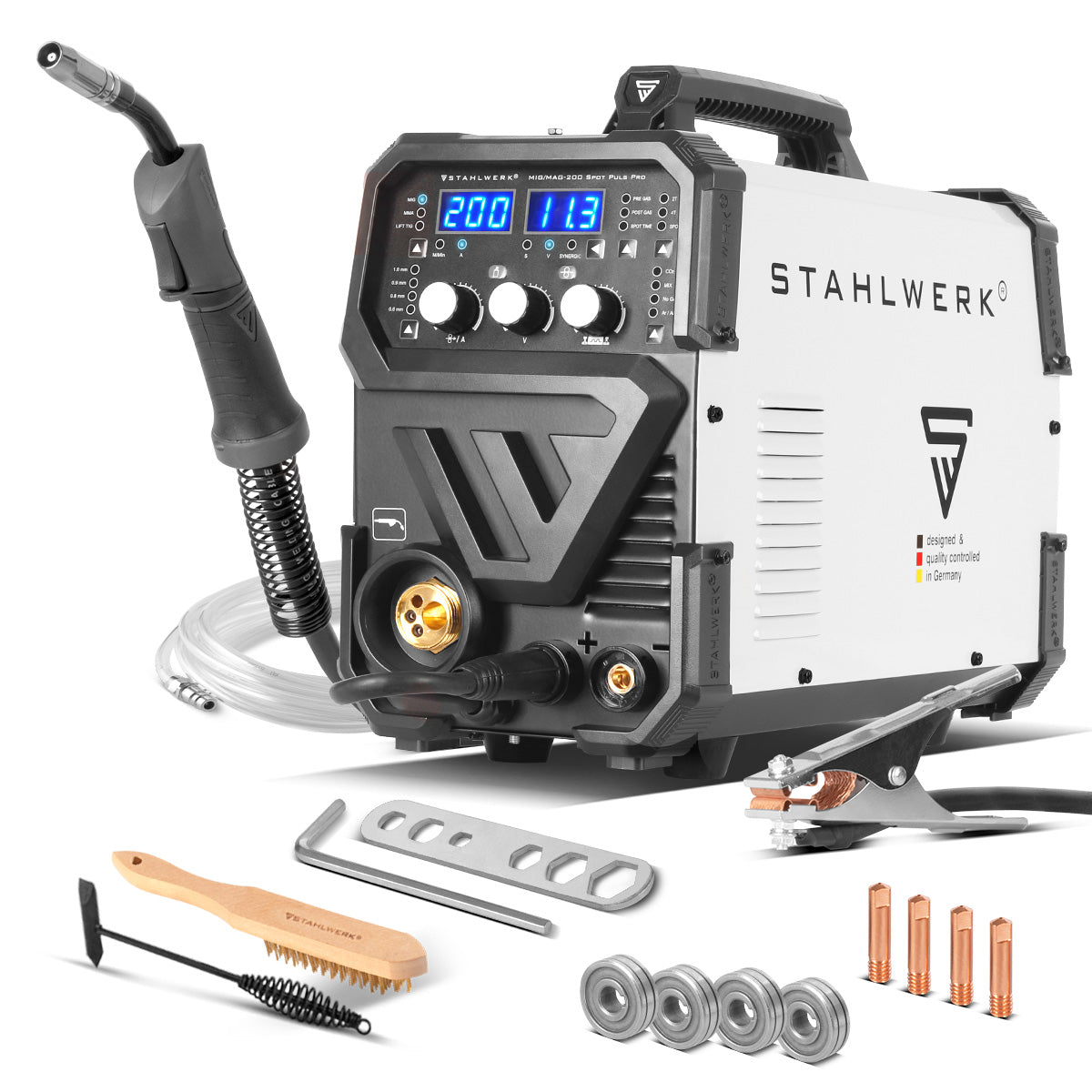 Stahlwerk Mig Mag 200 Spot Puls Pro, fully synergian IGBT Inverter, 5 in 1 combination device with spot function and 200 ampere, aluminum | Fill wire | Mig Mag | ARC MMA | Lift Tig | pulse