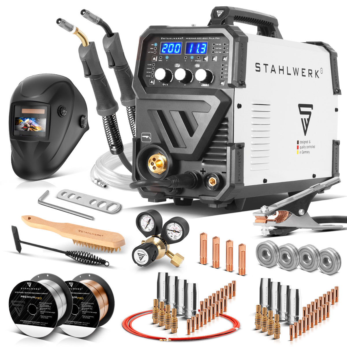 Steel mill Mig Mag 200 Spot Puls Pro Full equipment, fully syngical IGBT Inverter, 5 in 1 combination device with spot function and 200 amps, aluminum | Fill wire | Mig Mag | ARC MMA | Lift Tig | pulse