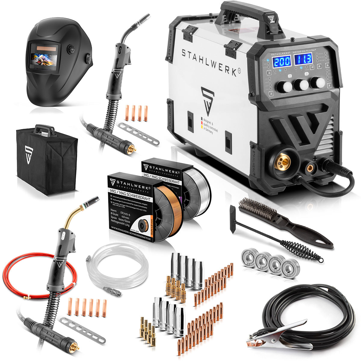 Acciaio MIG MAG 200 Spot Puls Pro Apparecchiatura completa, inverter IGBT completamente sincronizzato, dispositivo di combinazione 5 in 1 con funzione spot e 200 amp, alluminio | Fild filo | Mig mag | Arco mma | Solleva Tig | impulso