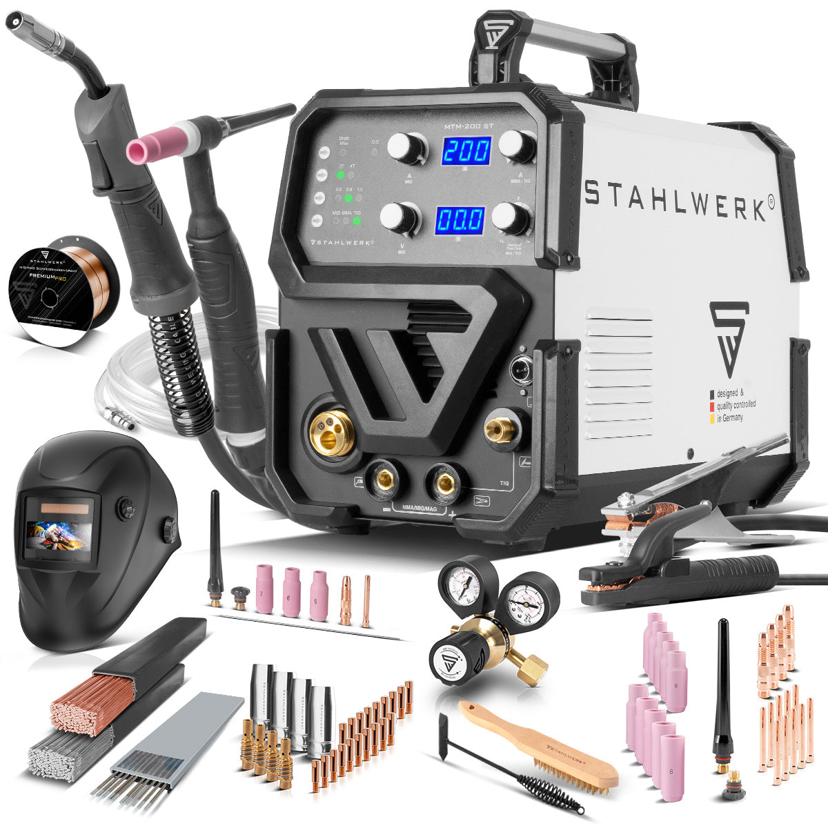 STAHLWERK Kombi-Schweißgerät MTM-200 ST Vollausstattung 3-in-1 Schutzgas-Schweißgerät | Inverter mit 200 A und synergischem Drahtvorschub für WIG | MIG MAG | MMA