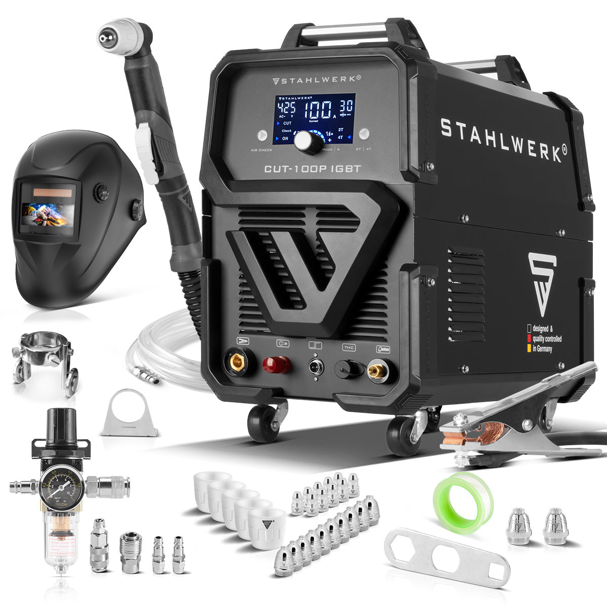 STAHLWERK CUT 100 P Digital Plasmaschneider Profi-Set 100 A Vollausstattung, Pilot-Zündung, einstellbare Luftnachströmzeit, Kühlung & Überhitzungsschutz