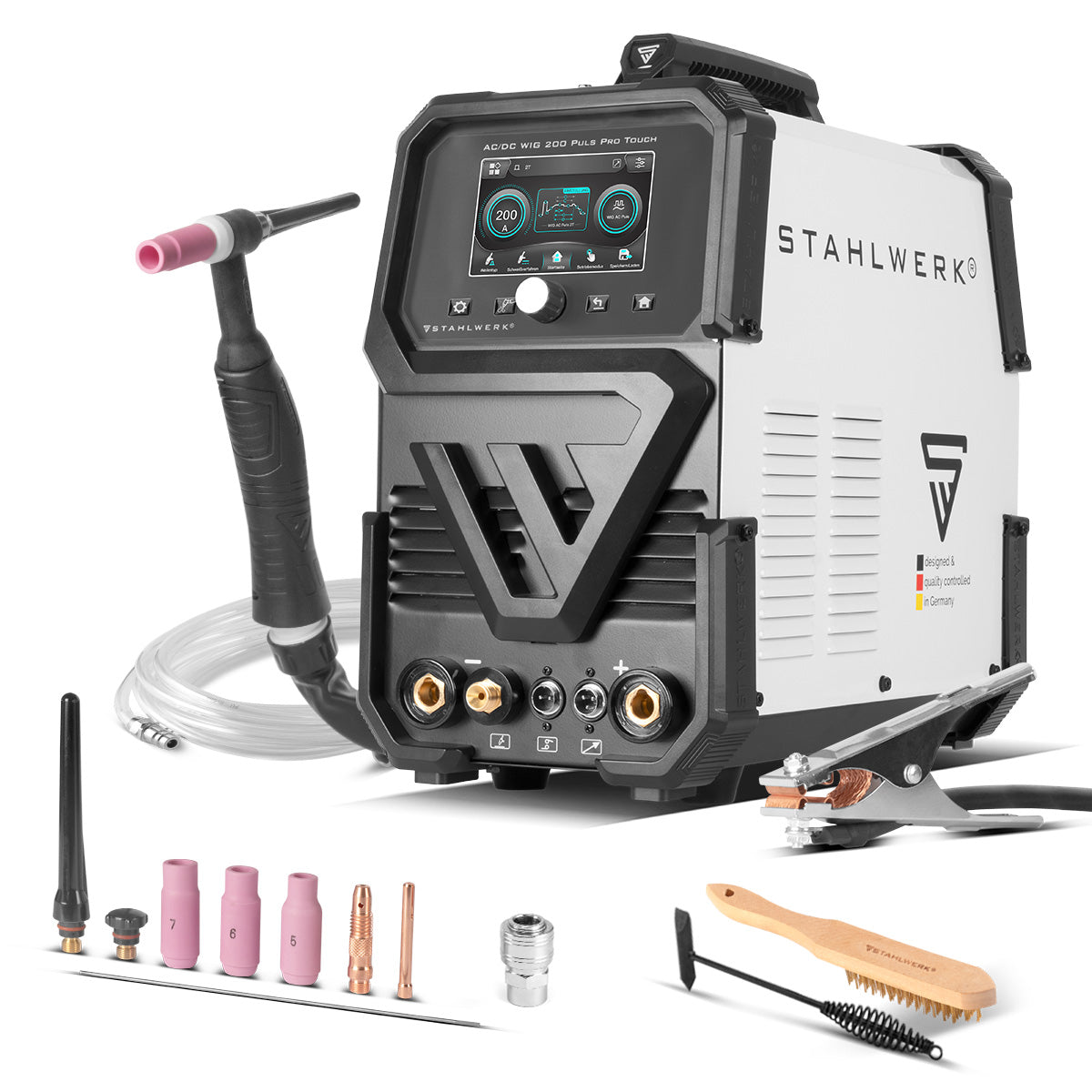 Dispositif de soudage de gaz de protection en acier AC / DC Wig 200 Puls Pro Touch | Onduleur IGBT avec 200 ampères | Fonction ARC / MMA | Mémoire de travail | Fonction d'impulsion et de spot adaptée à l'aluminium et à la feuille mince