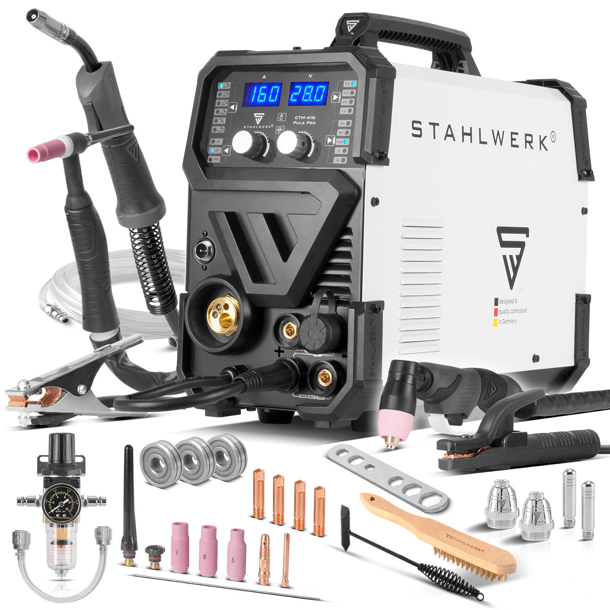 Steelworks combination welding device CTM-416 PULS Pro 6-in-1 protective gas welding device | Inverter with 160 A, pulse function, synergic wire feed and integrated 40 A plasma cutter cut | WIG | Mig Mag | Pulse | MMA | Flux