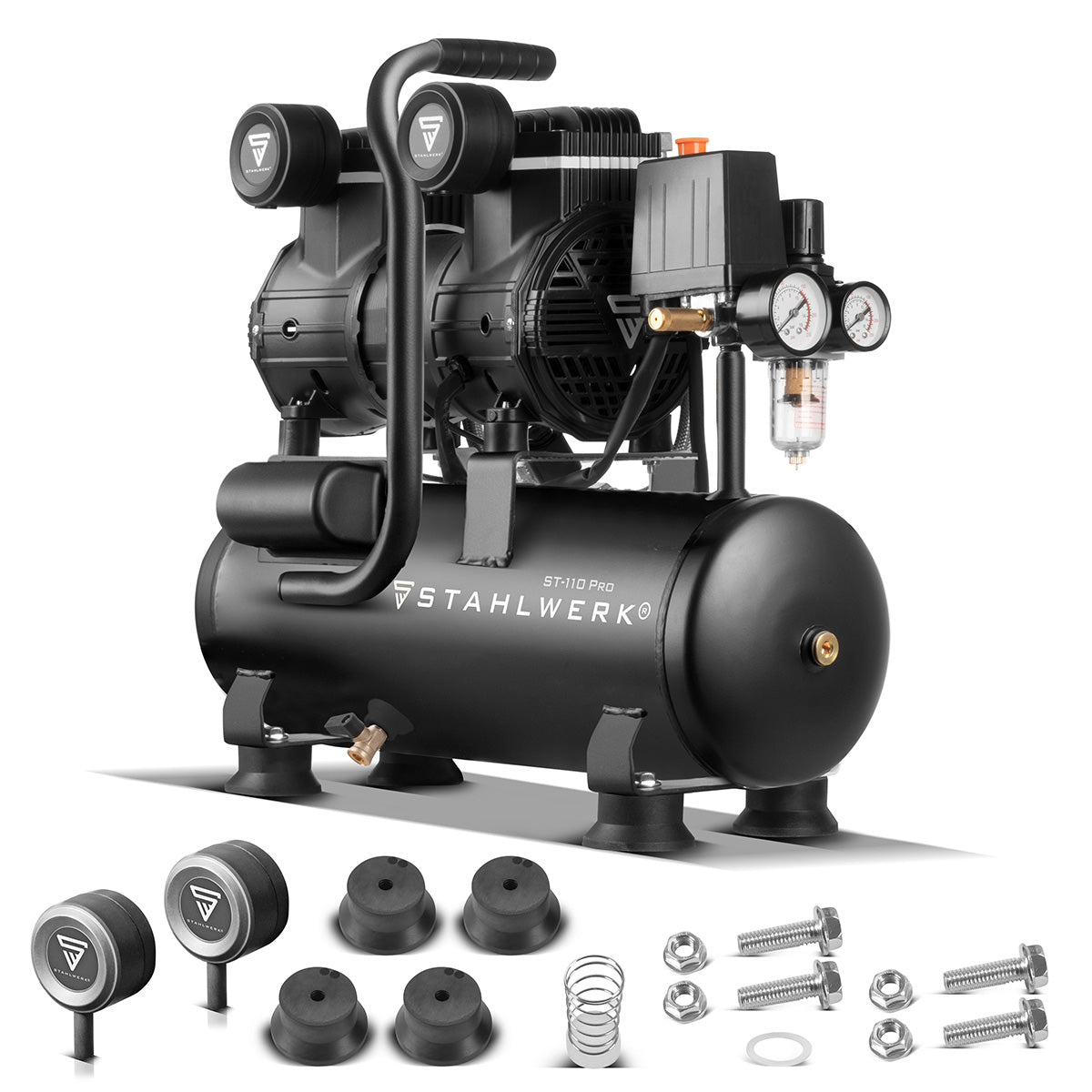 STAHLWERK Kompressor ST-110 Pro mit 10 bar | 2,1 PS | 1,6 kW | 210 l/min | 10 l Tank ölfreier Druckluft-Kompressor | Kolben-Kompressor | Silent-Kompressor | Flüster-Kompressor mit Brushless-Motoren