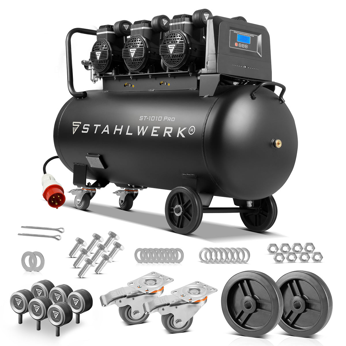 Compressore Steelworks ST-1010 Pro con 10 bar | 6.5 PS | 4,8 kW | 630 L/min | Tank da 100 L di compressore d'aria compresso privo di olio | Compressore a pistone | Compressore silenzioso | Compressore whisper con motori senza spazzole