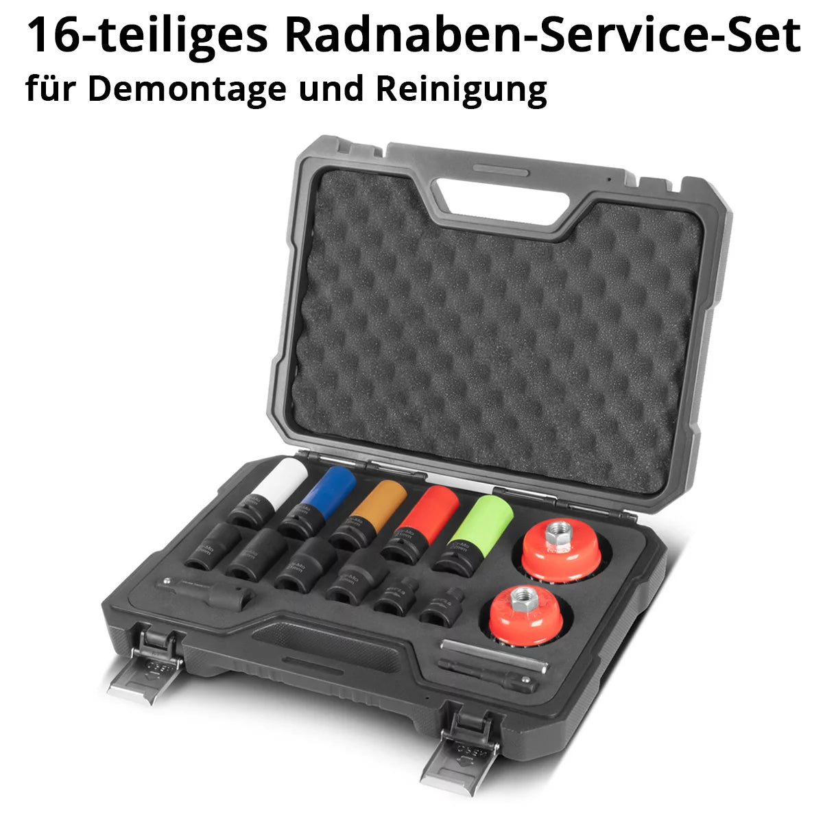 STAHLWERK Radnaben-Demontage- und Reinigungs-Set | 16-teilig | 4 Ausdrehnüsse | 5 Schonnüsse | 1/2" Antrieb | 17–22 mm | 2 Topfbürsten 65/75 mm mit Adapter M14 x 2 | Verlängerung | 12 mm Durchschlag