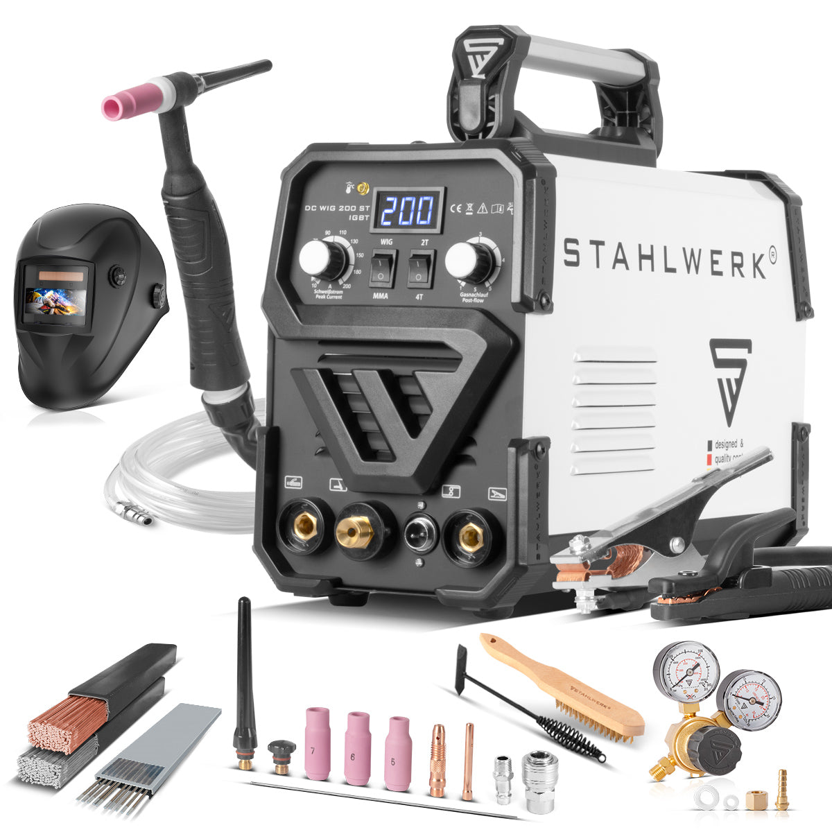 STAHLWERK DC WIG 200 ST IGBT - Vollaustattung Set - Kombi WIG Schweißgerät mit 200 A und MMA, Schweißen von Stahl, Edelstahl uvm. (kein ALU-Schweißen)