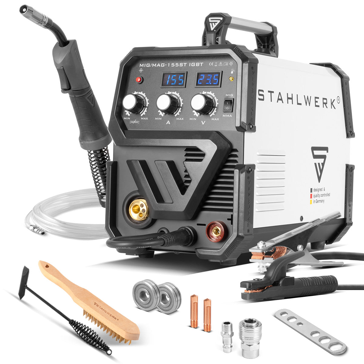 STAHLWERK welding machine MIG MAG 155 ST IGBT with synergic wire feed and real 155 amps / inert gas welding machine with MMA / E-hand