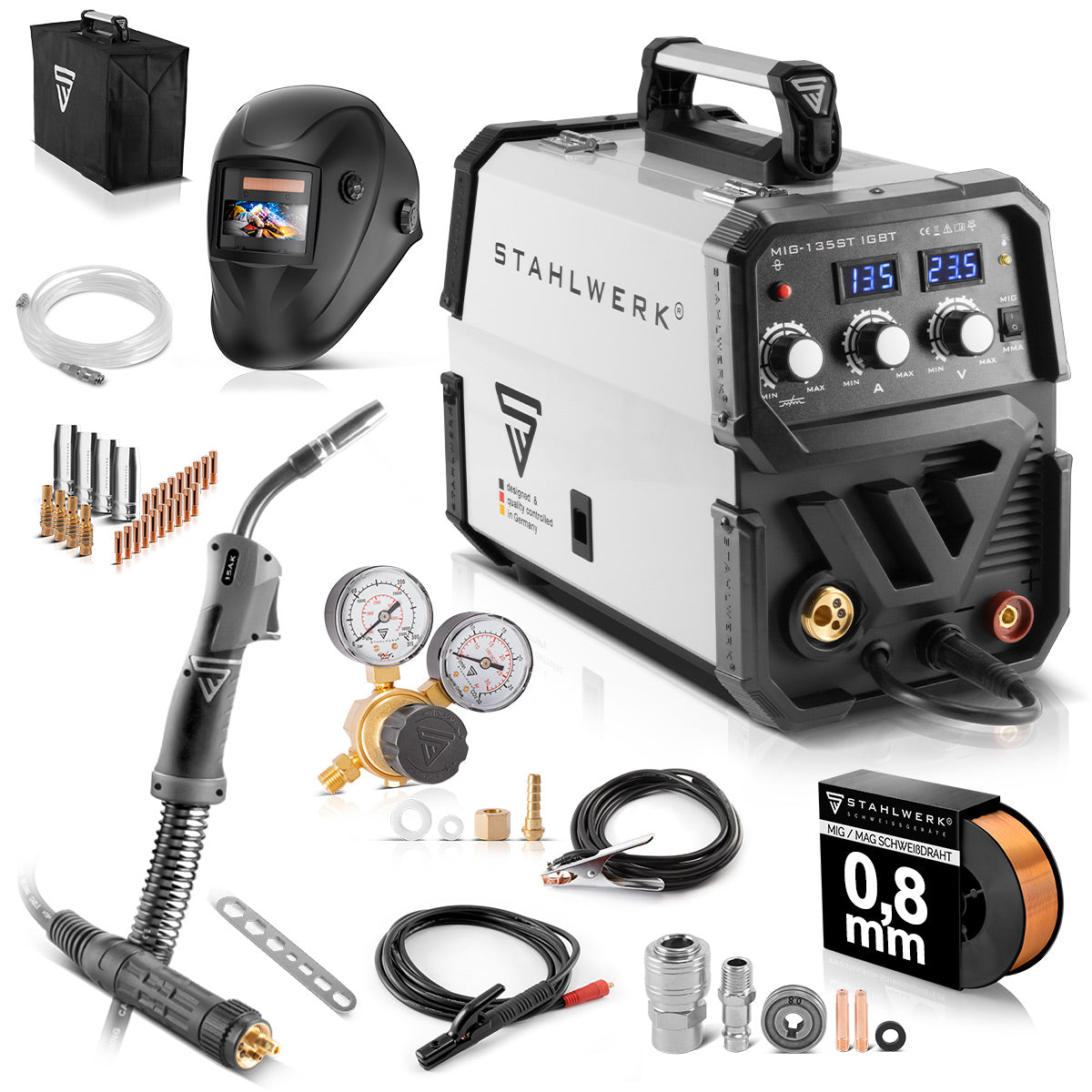 STAHLWERK Schweißgerät MIG MAG 135 ST IGBT Vollausstattung / Schutzgasschweißgerät mit synergischem Drahtvorschub und echten 135 Ampere / Kombi-Schweißgerät