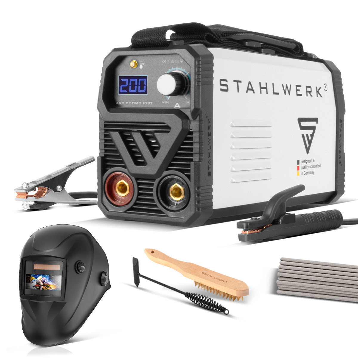 Stahlwerk Arc 200 MD Machine de soldadura Equipo completo - DC MMA | E-Hand | Inverter Lift-Tig con 200 amperios, tecnología IGBT y junta única, garantía del fabricante de 7 años