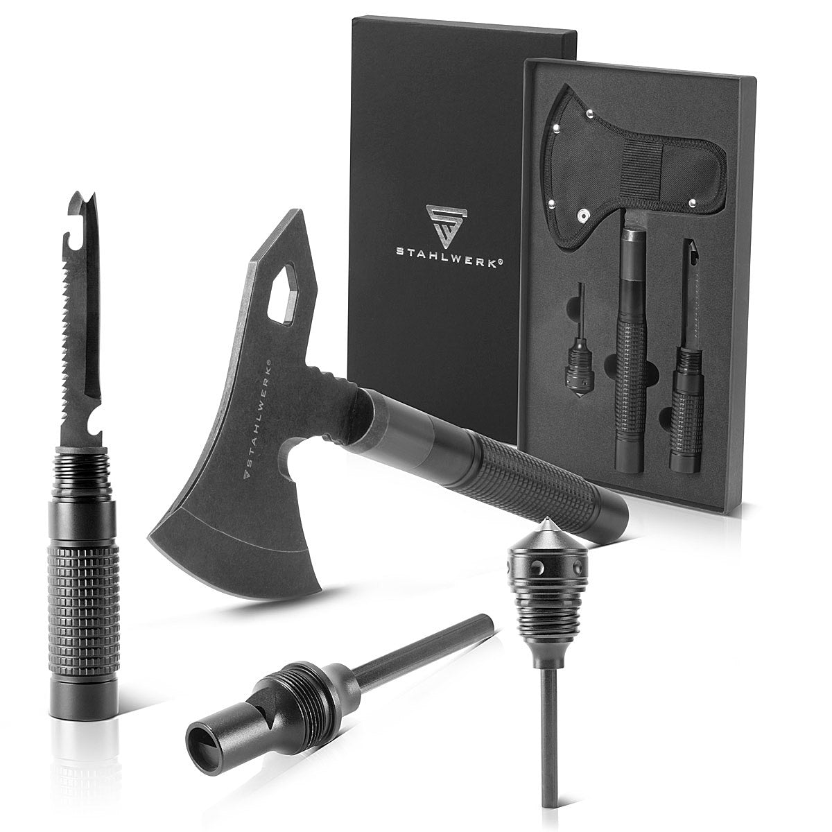 Multiherramienta STAHLWERK / herramienta multifuncional / kit de supervivencia para exteriores con hacha, cuchillo multifuncional, sierra, martillo de emergencia y silbato de señalización con acero contra incendios