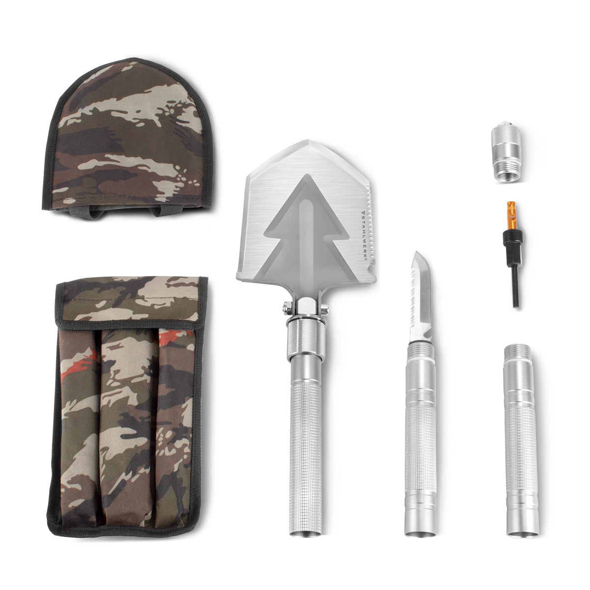 STAHLWERK Multitool / Multifunktionswerkzeug / Outdoor Survival Kit mit Klappspaten, Multifunktions-Messer, Säge, Notfallhammer und Signalpfeife mit Feuerstahl