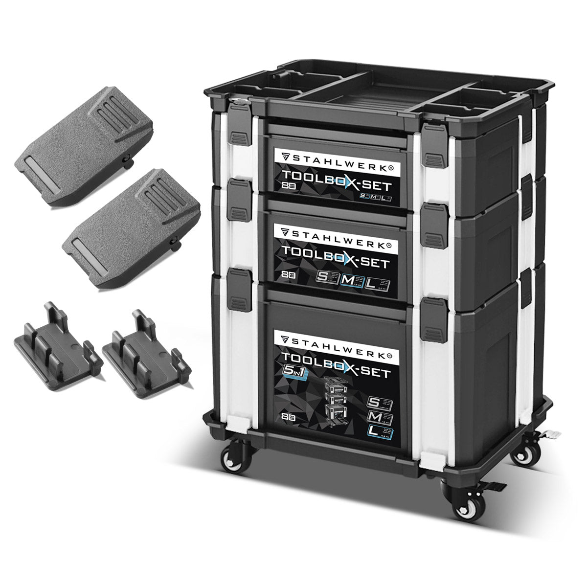 SECTORS DE TOLBOTS UNIVERSELS SECTURS CAND / TOOL CAND / TOLL TOOL, Empilable 5 dans 1 Système de module en plastique ABS très résilient avec une poignée et des rouleaux de direction caoutchoutés