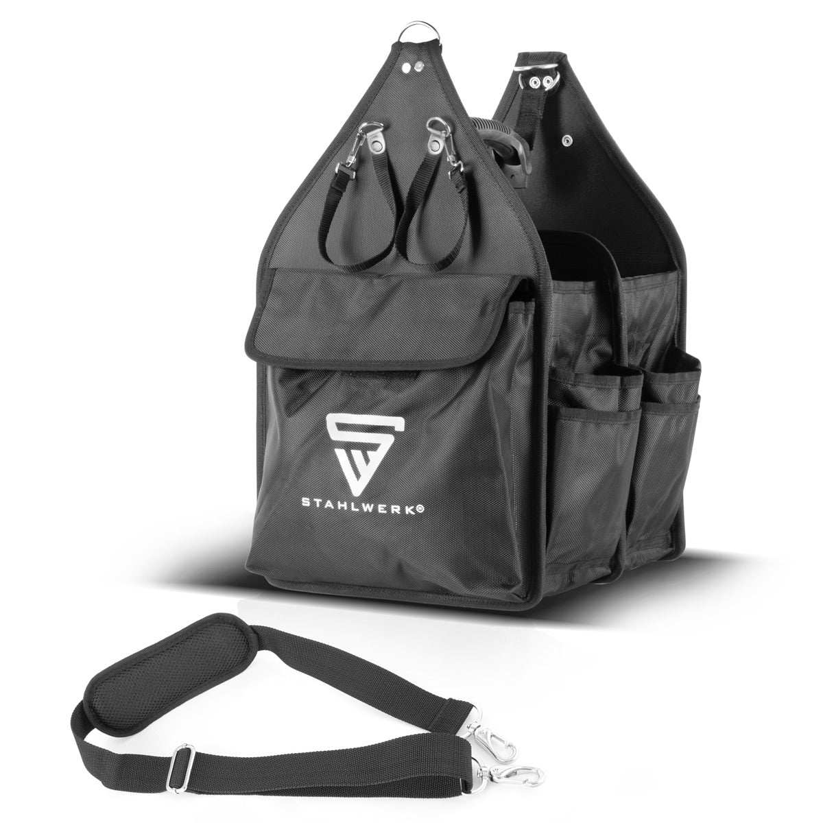 Sac à outils Stahlwerk avec 11 poches externes et 2 grands compartiments intérieurs avec 5 poches intérieures, boîtier de poche / outils / outils robuste avec poignée et bandoulière en polyester durable en polyester