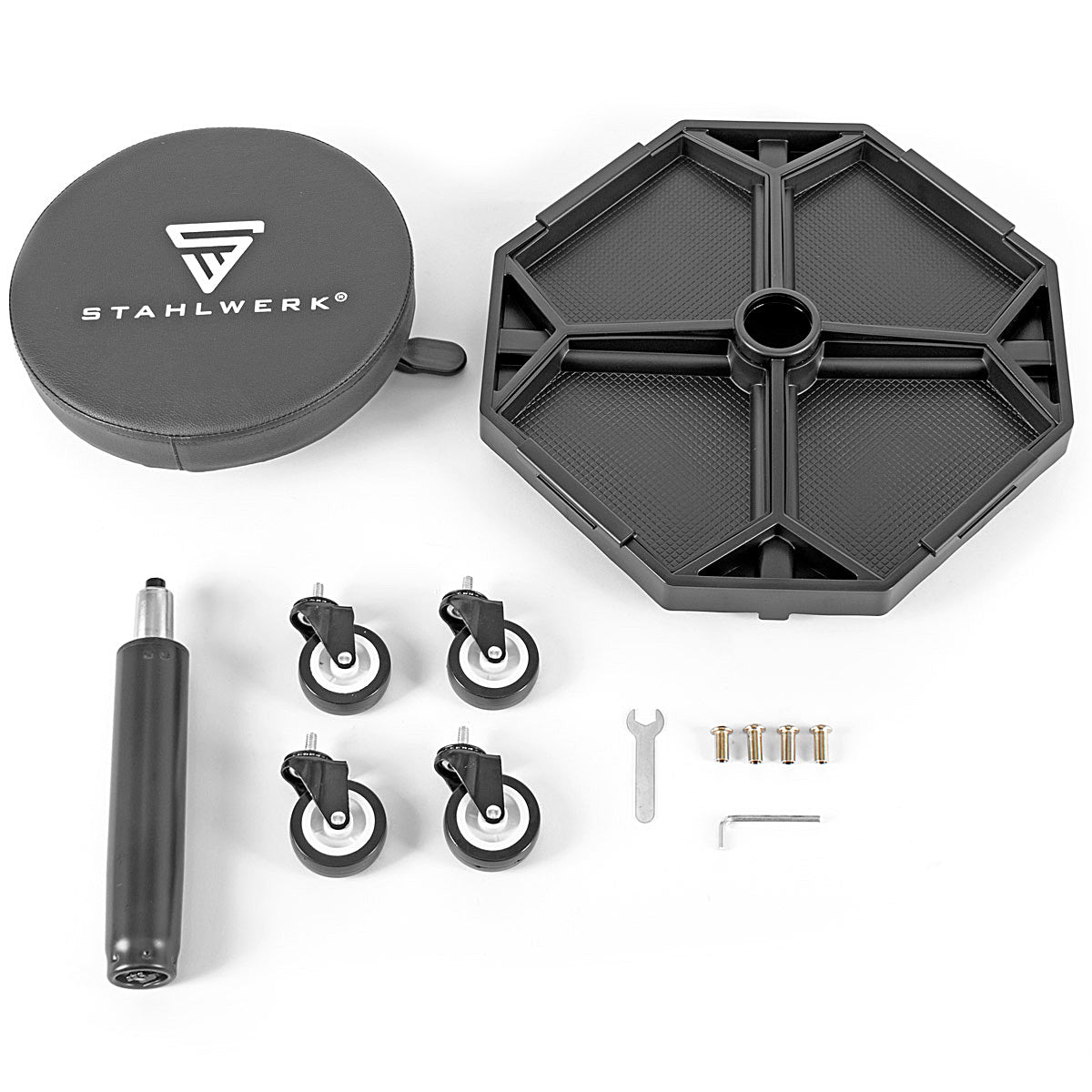 STAHLWERK Höhenverstellbarer Werkstatthocker WRH-136 ST bis 136 kg belastbar, 40-54 cm Sitzhöhe, mit vier herausnehmbaren Ablagefächern, Rollsitz / Rollhocker mit kugelgelagerten Leichtlauf-Lenkrollen