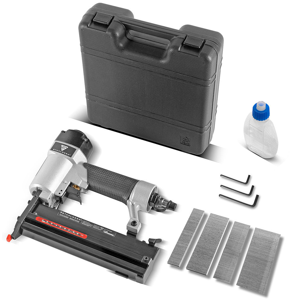 STAHLWERK Druckluft Nagler DN-50 ST 2 in 1 Nagelpistole | Tacker | Streifennagler | Klammernagler mit 5-7 Bar Arbeitsdruck, Metallgehäuse, geeignet für 18 Gauge Nägel und Tackernadeln inklusive Zubehör und Transportkoffer