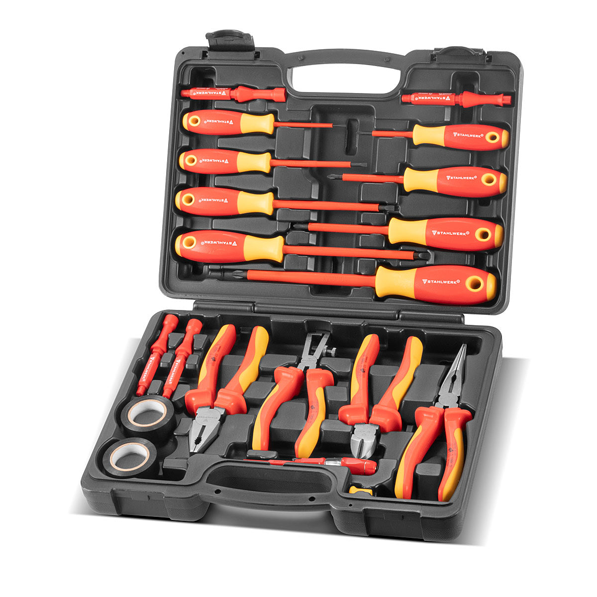 STAHLWERK VDE 1000V Tournevis isolés et pinces isolées SET VSZ-20 SET PROFESSIONNELLE SÉGLAGE CONTRÔLE | Ensemble d'outils électricien | Ensemble de tournevis électrique, y compris les étuis à outils