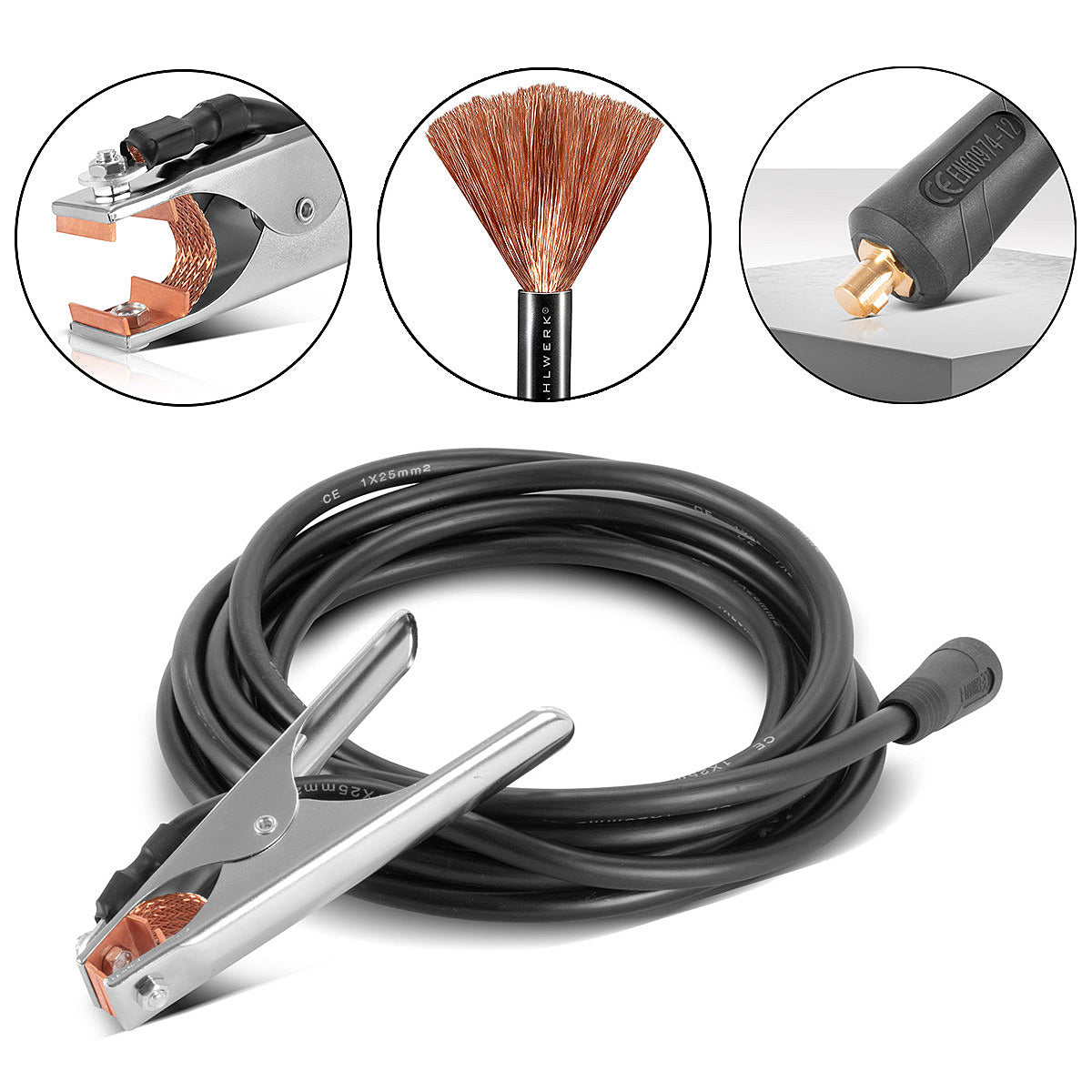 STAHLWERK Massezange bis 300 A Masseklemme | Erdungsklemme inklusive 5 m Schweißkabel | Massekabel aus reinem Kupfer mit 25 mm² und 9 mm Stecker