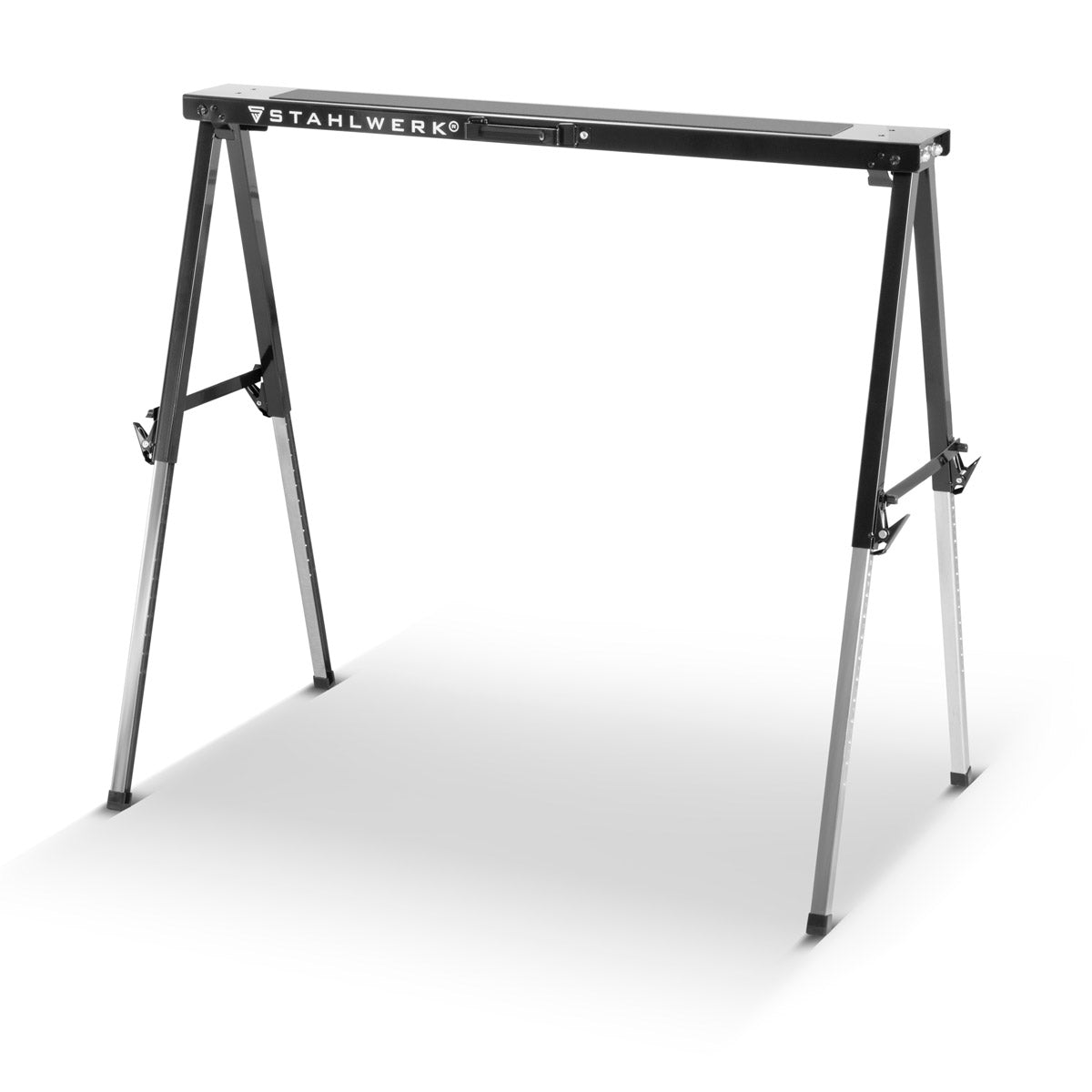 STAHLWERK Sägebock SB-910 ST pulverbeschichteter Metall-Arbeitsbock | Universal-Klappbock | Gerüstbock höhenverstellbar von 645 bis 910 mm mit 150 kg Tragkraft und rutschhemmender Oberfläche