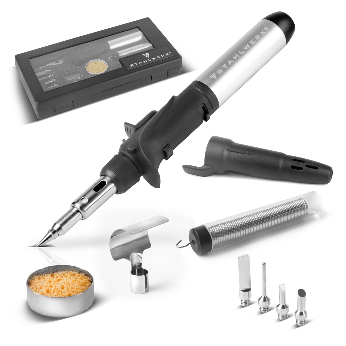 Pollen de gas de acero GLK-500 ST 10-PART 3-en-1 Set similar a gas | Dispositivo de soldadura | Lötstation | Pistola de línea con temperatura de soldadura de 200-500 ° C y boquilla de llama de 1.300 ° C para trabajos de aire caliente, fuego y soldadura