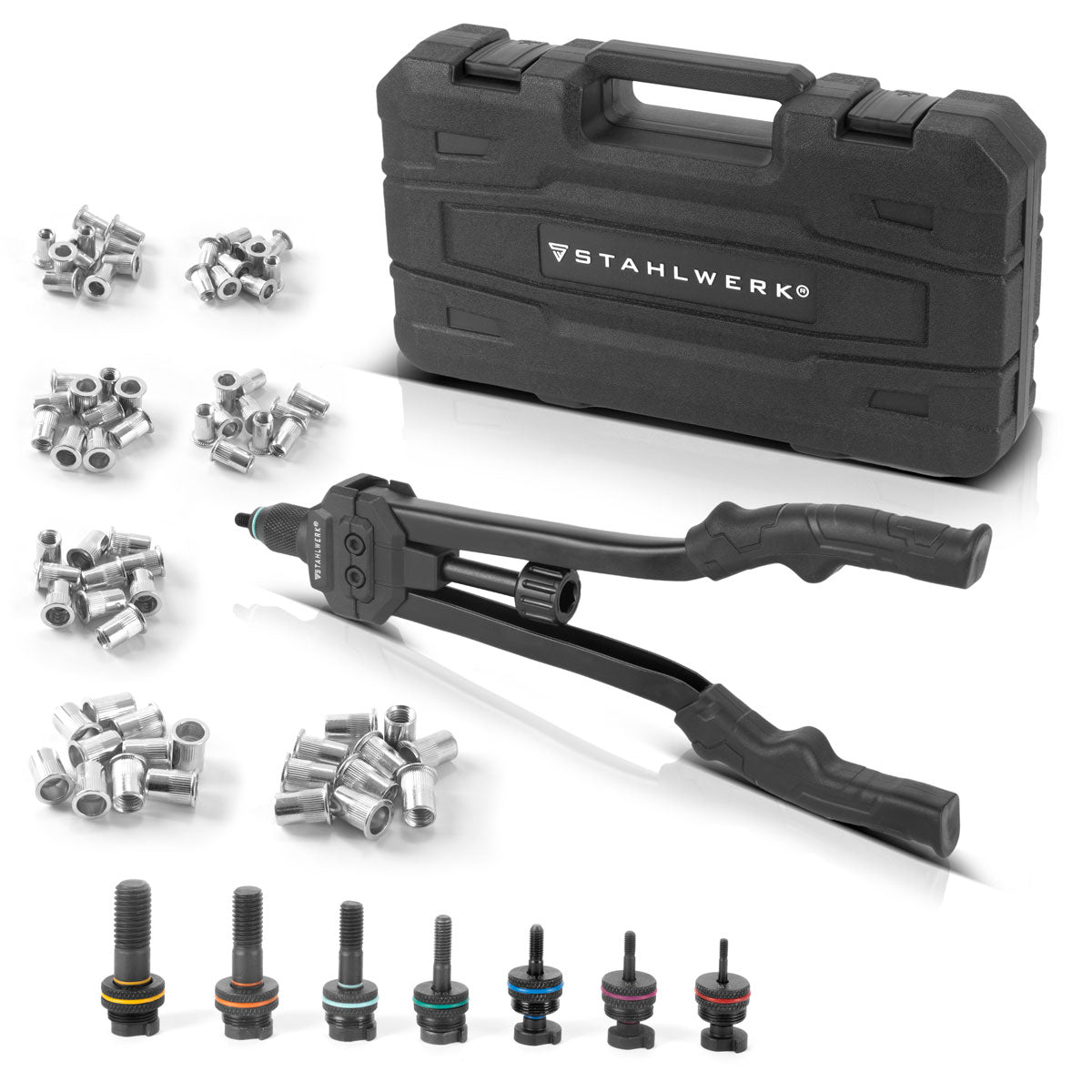 Steelworks kör dil seti NZ-16 St Nietzange | Perçin Fındık Tongs | Popniet pense | M3 iş parçacığı ile iftira pensesi | M4 | M5 | M6 | M8 | M10 | M12 70 perçin fıstığı ve valiz dahil