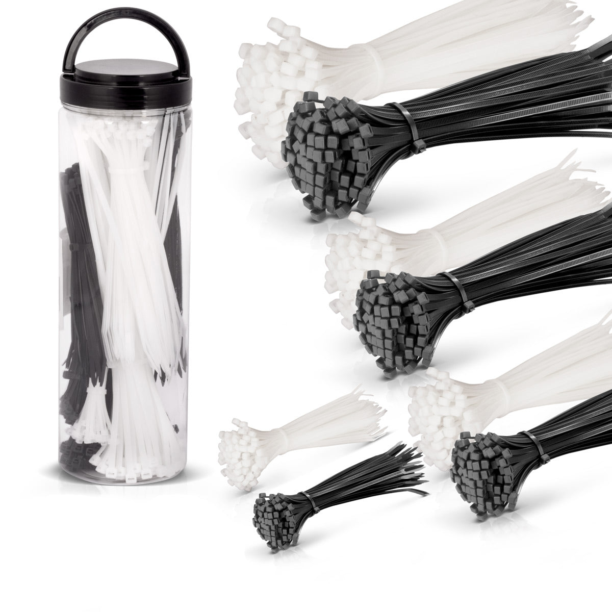 Aceroworks Cable corbata 600 set 2.5 x 150 mm | 3.6 x 150 mm | 3.6 x 200 mm | 4.8 x 300 mm en blanco y negro, correas de cables de calidad industrial, resistente a los rayos UV, extremadamente a prueba de tren, estable y duradero