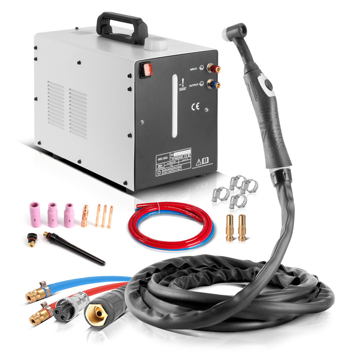 Su soğutmalı peruk kaynak brülör çelik işleri WP18 | SR18 ila 300 A, 370 W ve 6 L tanklı su soğutucu dahil 5 m koruyucu gaz hortumu paketi ile