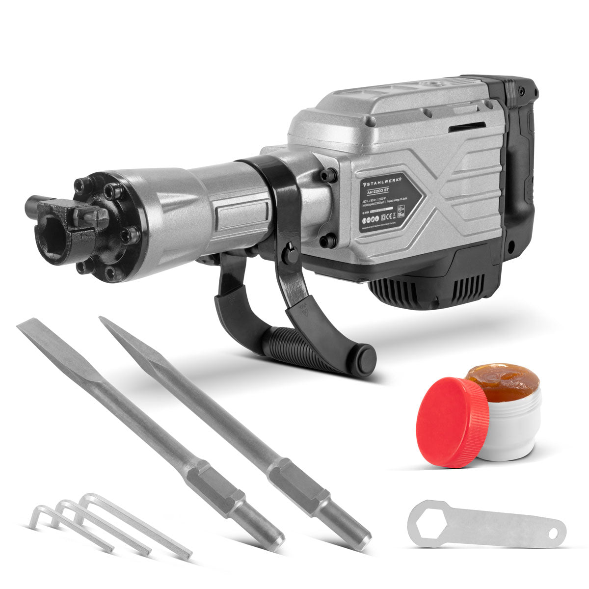 Hammer di demolizione in acciaio AH-2200 ST con 2.200 W di potenza, 2.100 colpi al minuto e 65 J Clipper Stemhammer | Meißelhammer | Schlager | Bohrhammer | Martello da demolizione con scalpello appuntito e piatto