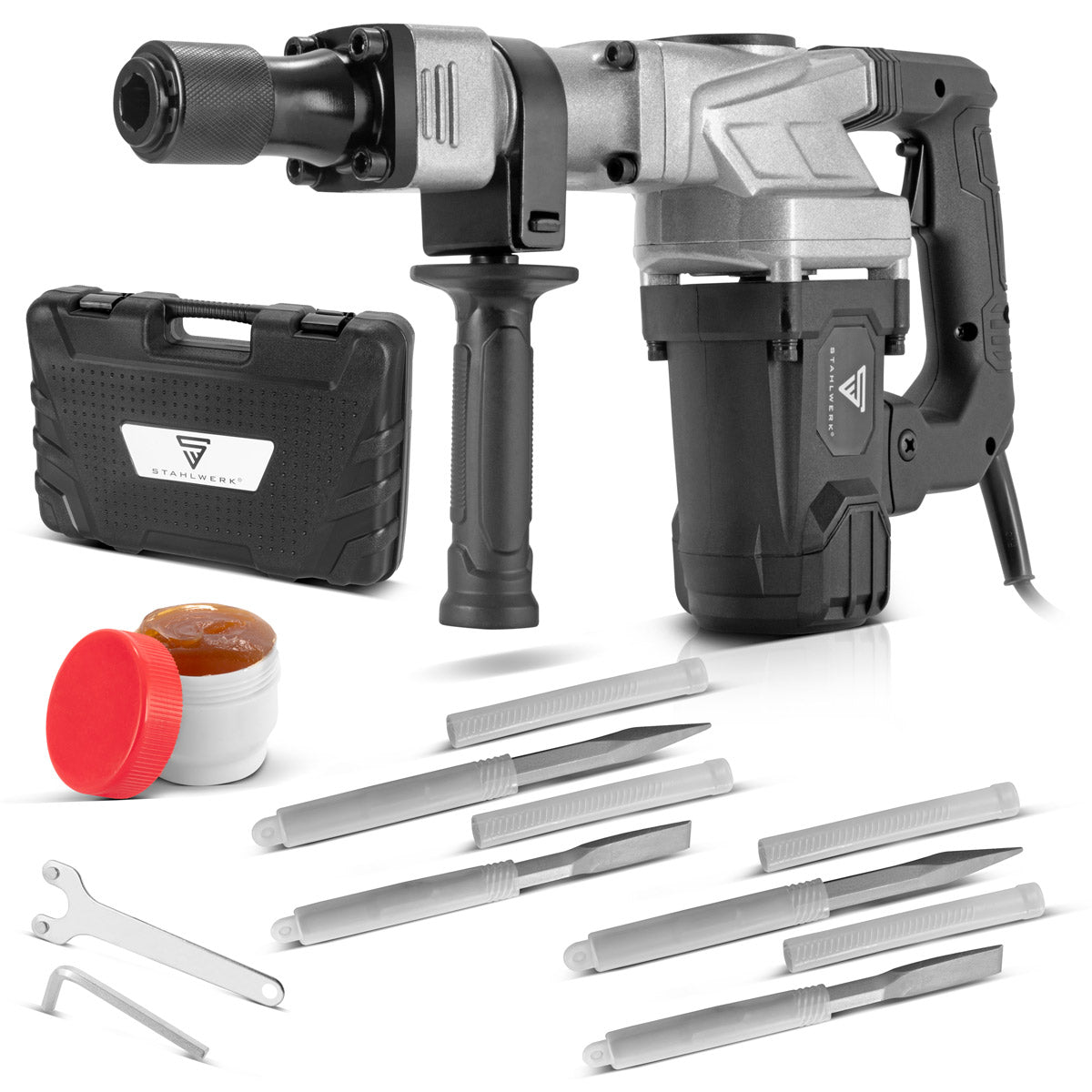 Hammer de démolition en acier AH-1300 ST avec 1 300 W de puissance, 4 000 traits par minute et 20 J Clipper STEMMhammer | Meißelhammer | Schlager | Bohrhammer | Hammer de démolition avec ciseau pointu et plat