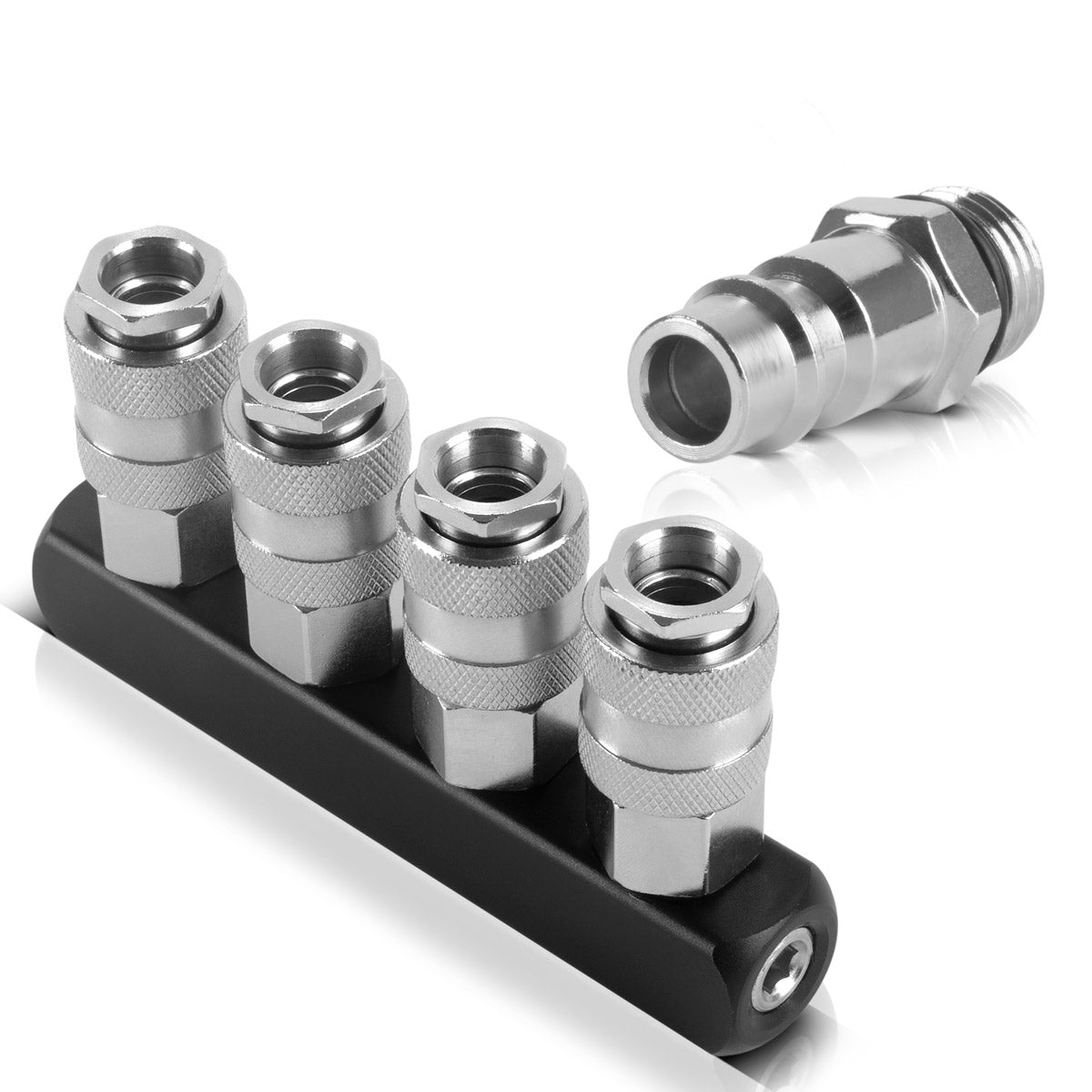 STAHLWERK 4-fach Druckluft-Verteiler | 4-Wege-Verteiler-Anschluss | Druckluft-Adapter | Pneumatik-Verteiler bis 35 bar mit Schnellkupplung NW 7.2 und 1/4 Zoll Anschlussgewinde für Druckluft-Kompressoren