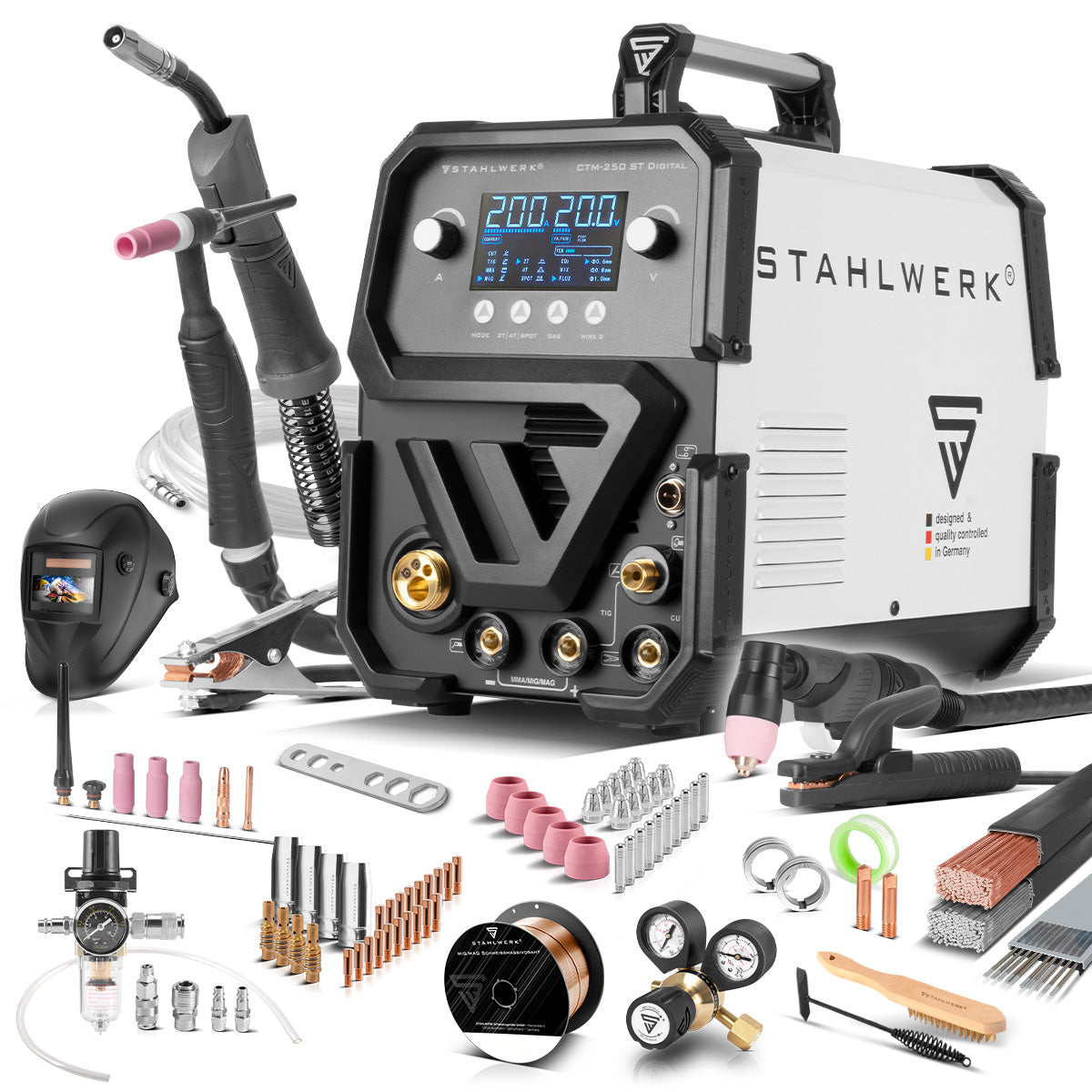 STAHLWERK Kombi-Schweißgerät CTM-250 ST Digital Vollausstattung 5-in-1 Schutzgas-Schweißgerät | Inverter mit 200 A, synergischem Drahtvorschub und integriertem 50 A Plasmaschneider CUT | WIG
