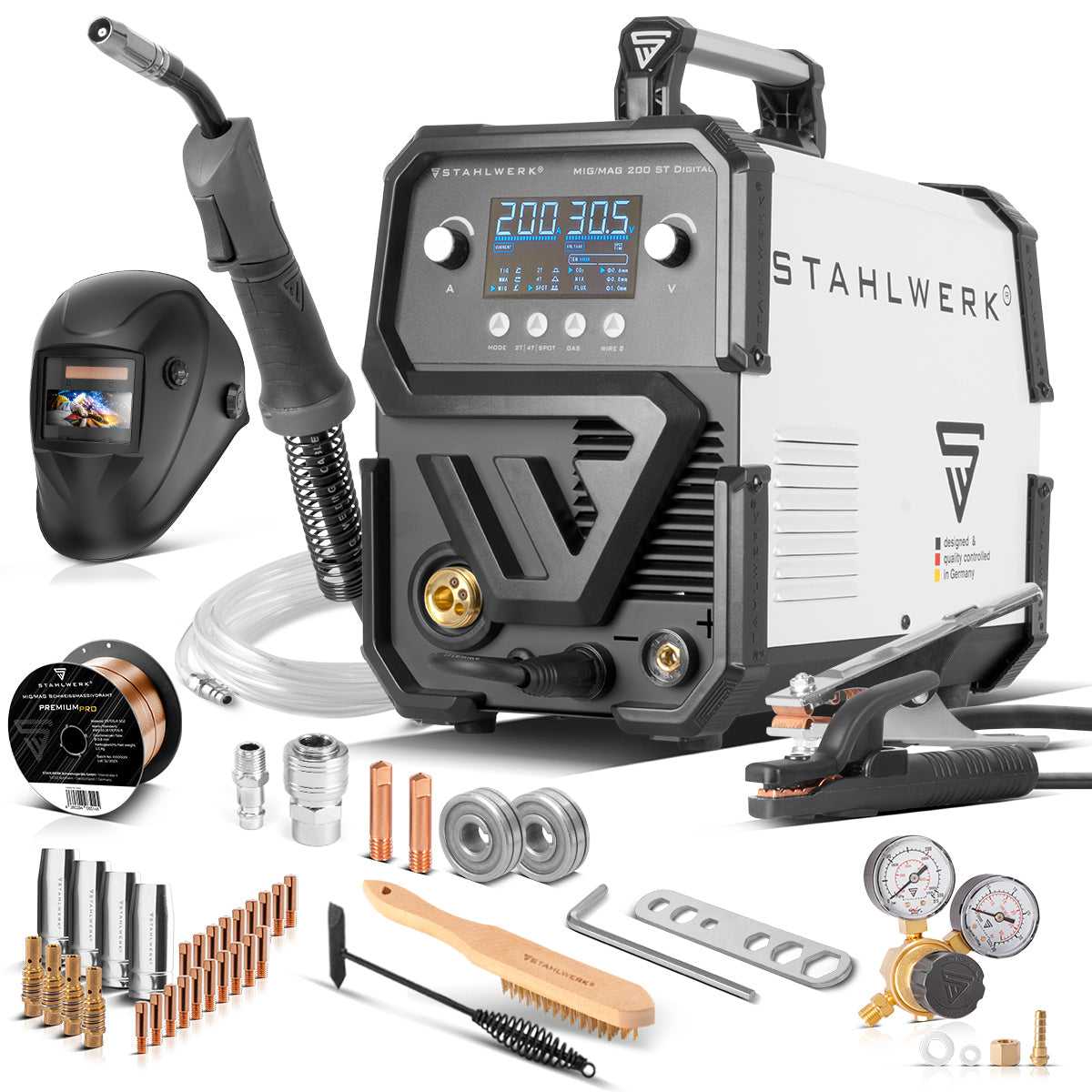 Saldatura in acciaio MIG MAG Mag 200 St Dispositivo di saldatura a gas protettivo IGBT Digital Attrezzatura Full Full | Inverter con 200 A, funzione spot, alimentazione a filo sinergico, flusso e MMA | Funzione arco