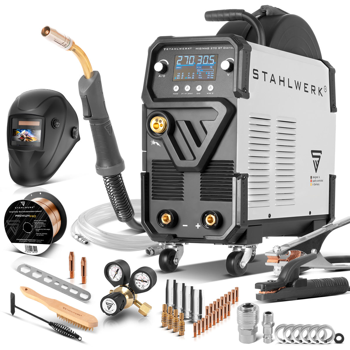 STAHLWERK Schweißgerät MIG MAG 270 Digital Vollausstattung IGBT 4-in-1 Schutzgas-Schweißgerät | Inverter mit 270 A, Spot-Funktion, synergischem Drahtvorschub, 4-Rollen-Antrieb, FLUX, Lift TIG und MMA | ARC Funktion